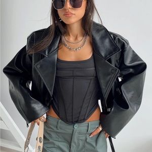 Princess Polly Black Faux Leather Cropped Moto Jacket